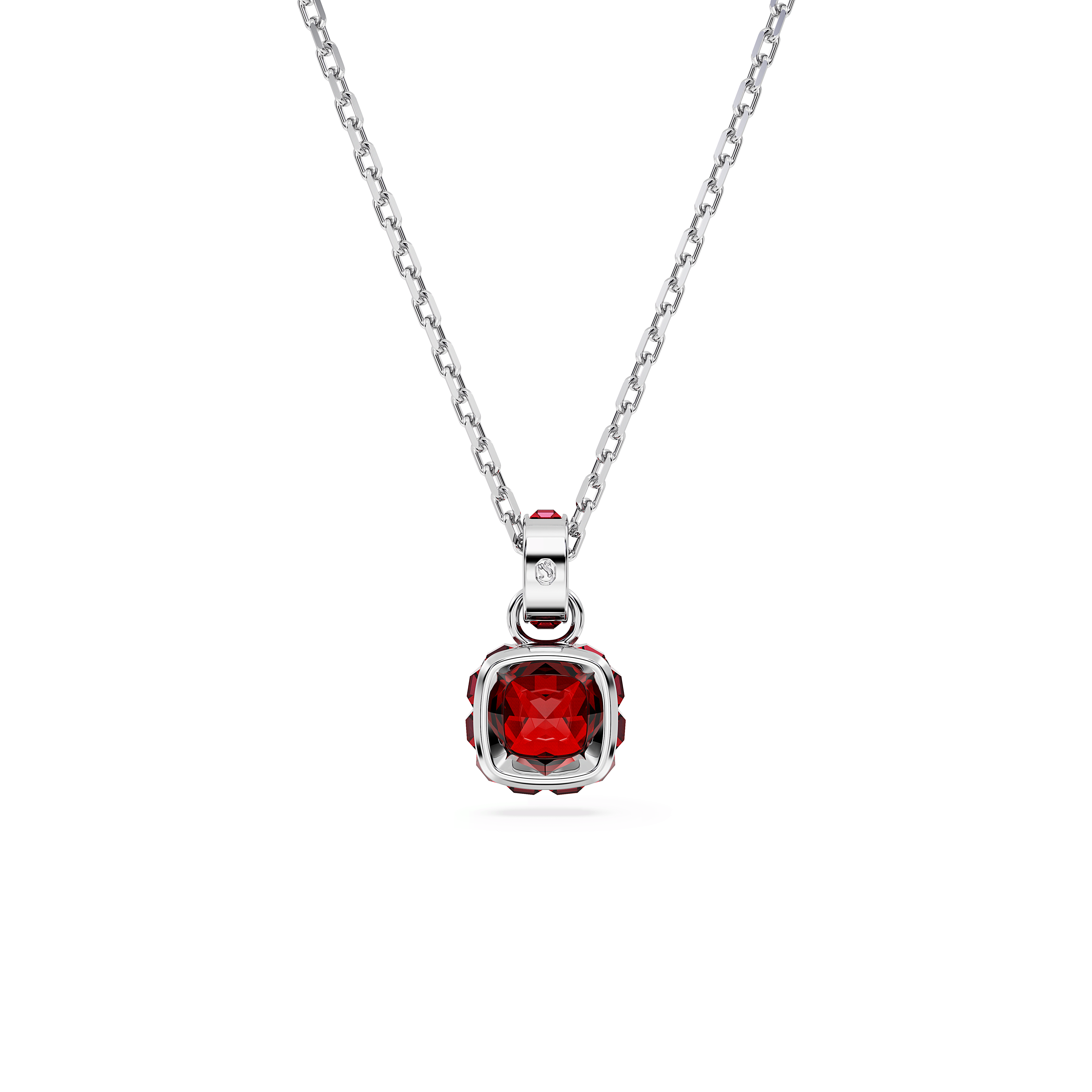 תליון Birthstone בחיתוך מרובע בצבע אדום בציפוי רודיום