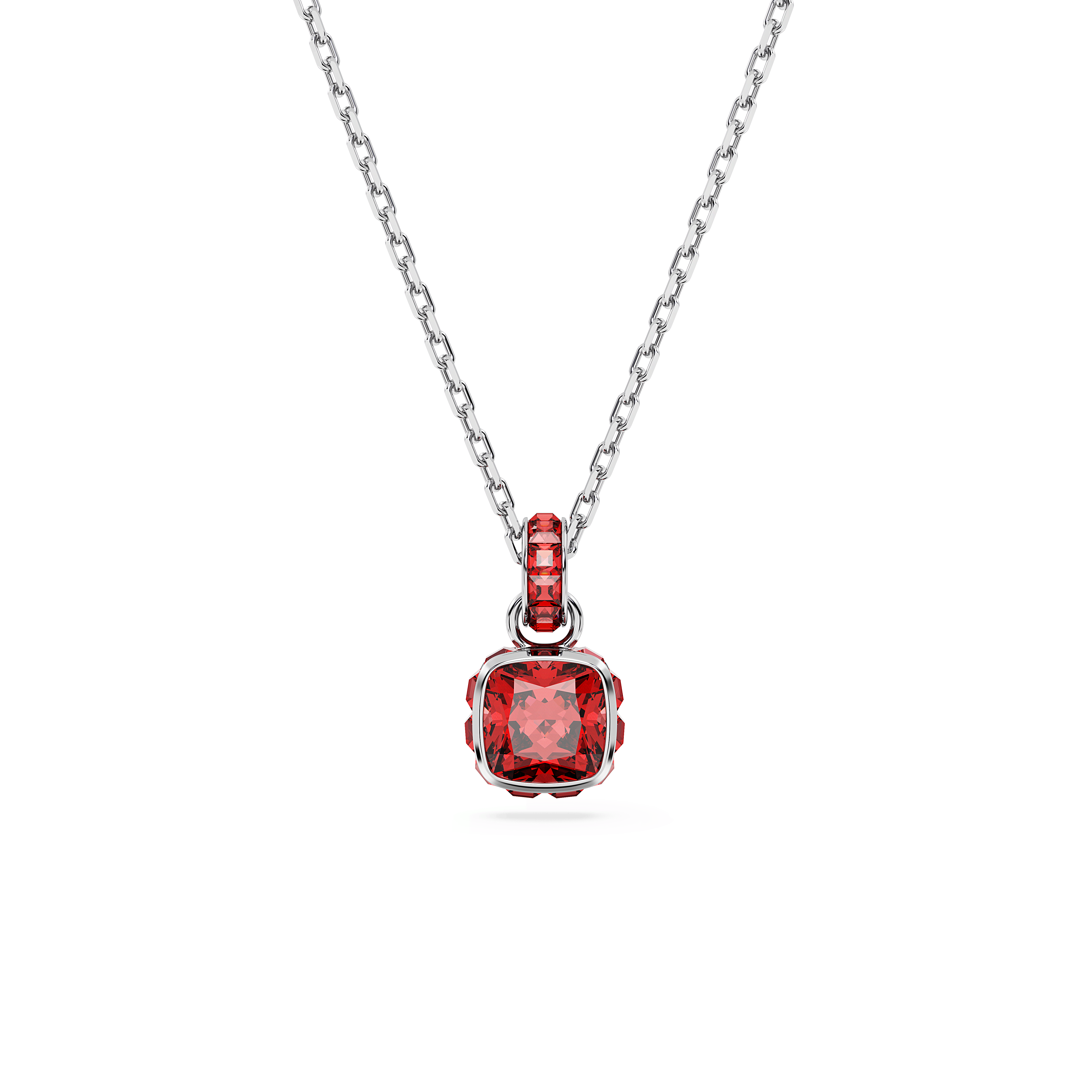 תליון Birthstone בחיתוך מרובע בצבע אדום בציפוי רודיום