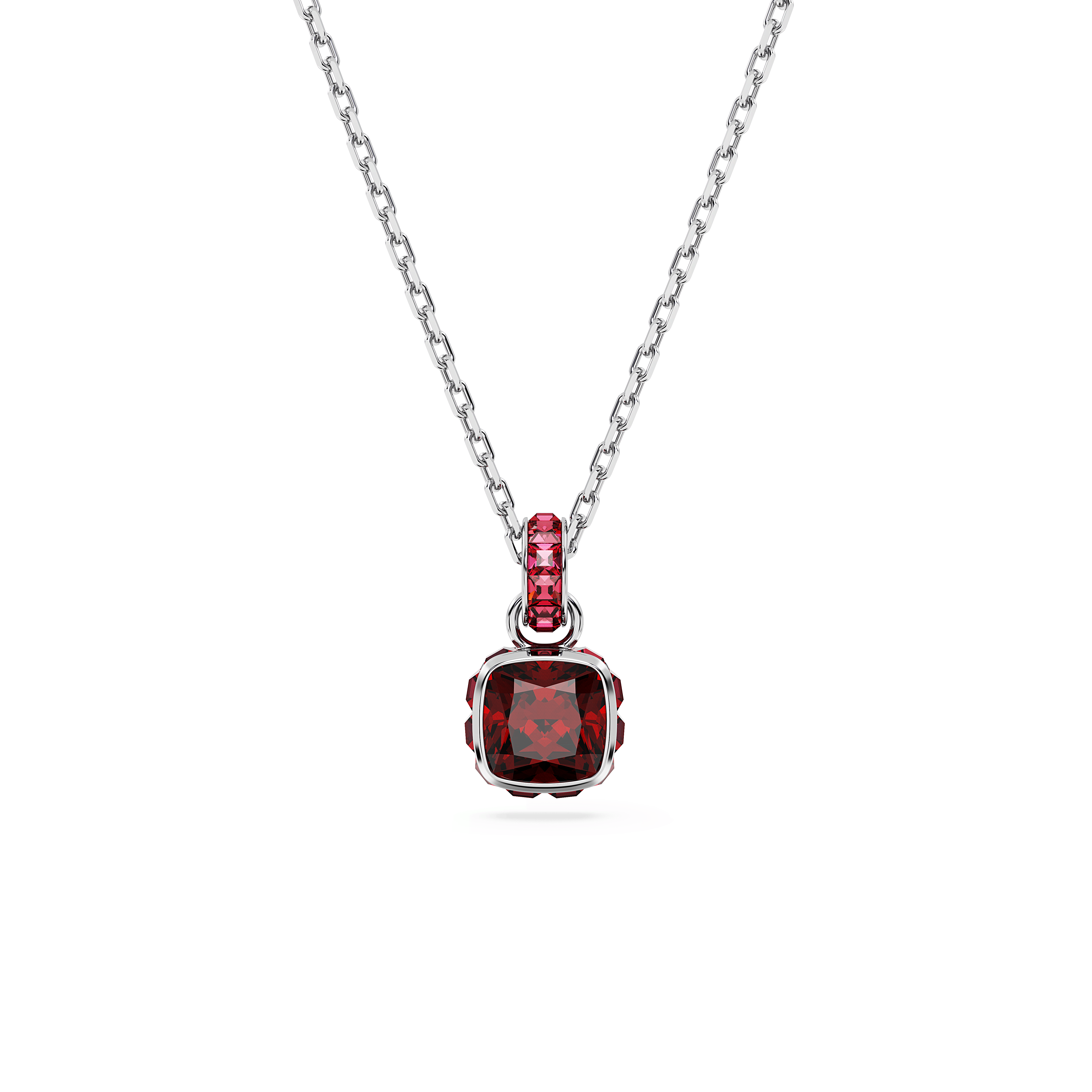 תליון Birthstone בחיתוך מרובע בצבע אדום בציפוי רודיום