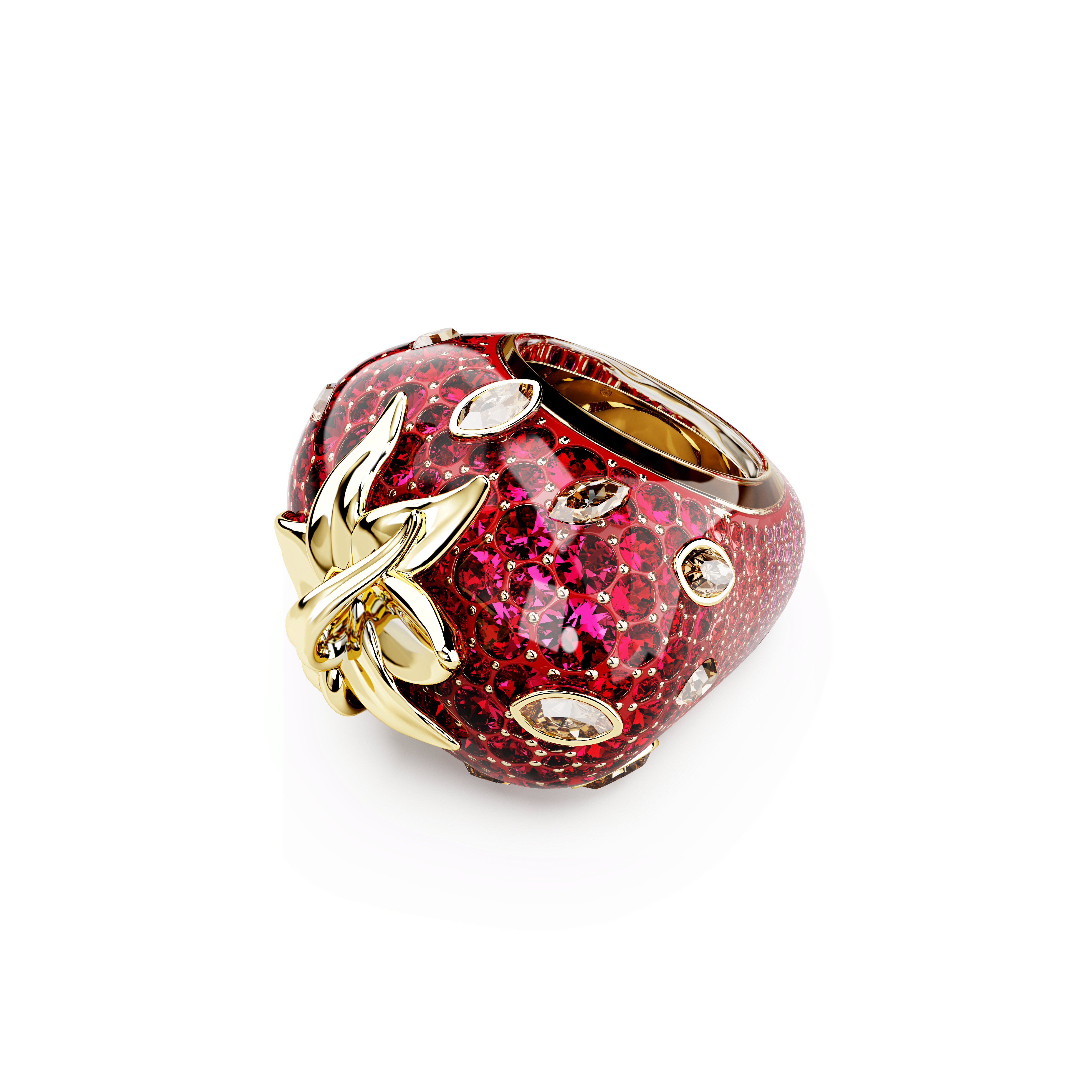 טבעת מוטיב אידיליה, חיתוכים מעורבים, תות, אדום, מצופה זהב