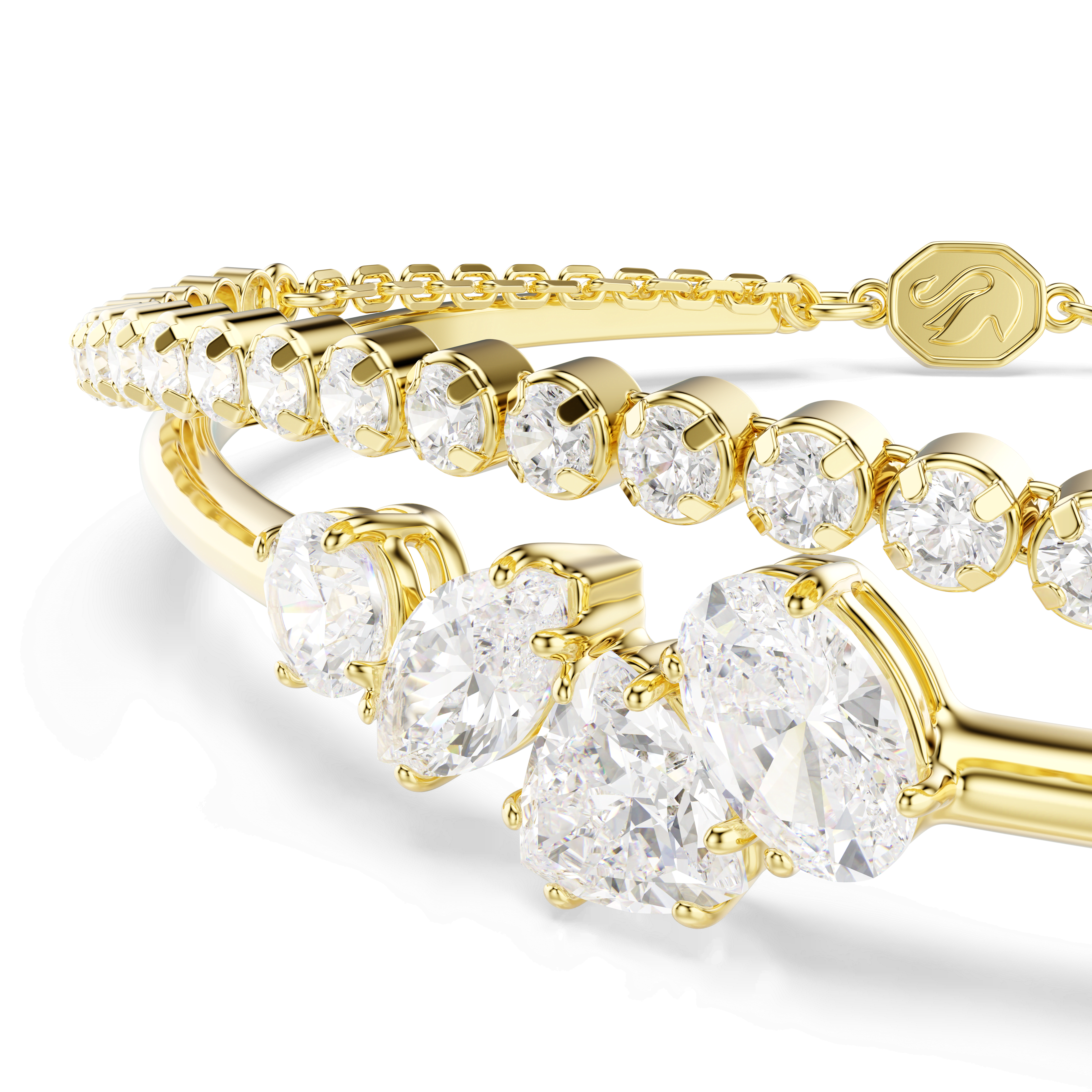 צמיד מסמרה, חיתוכים מעורבים, לבן, גימור זהב 18 קראט